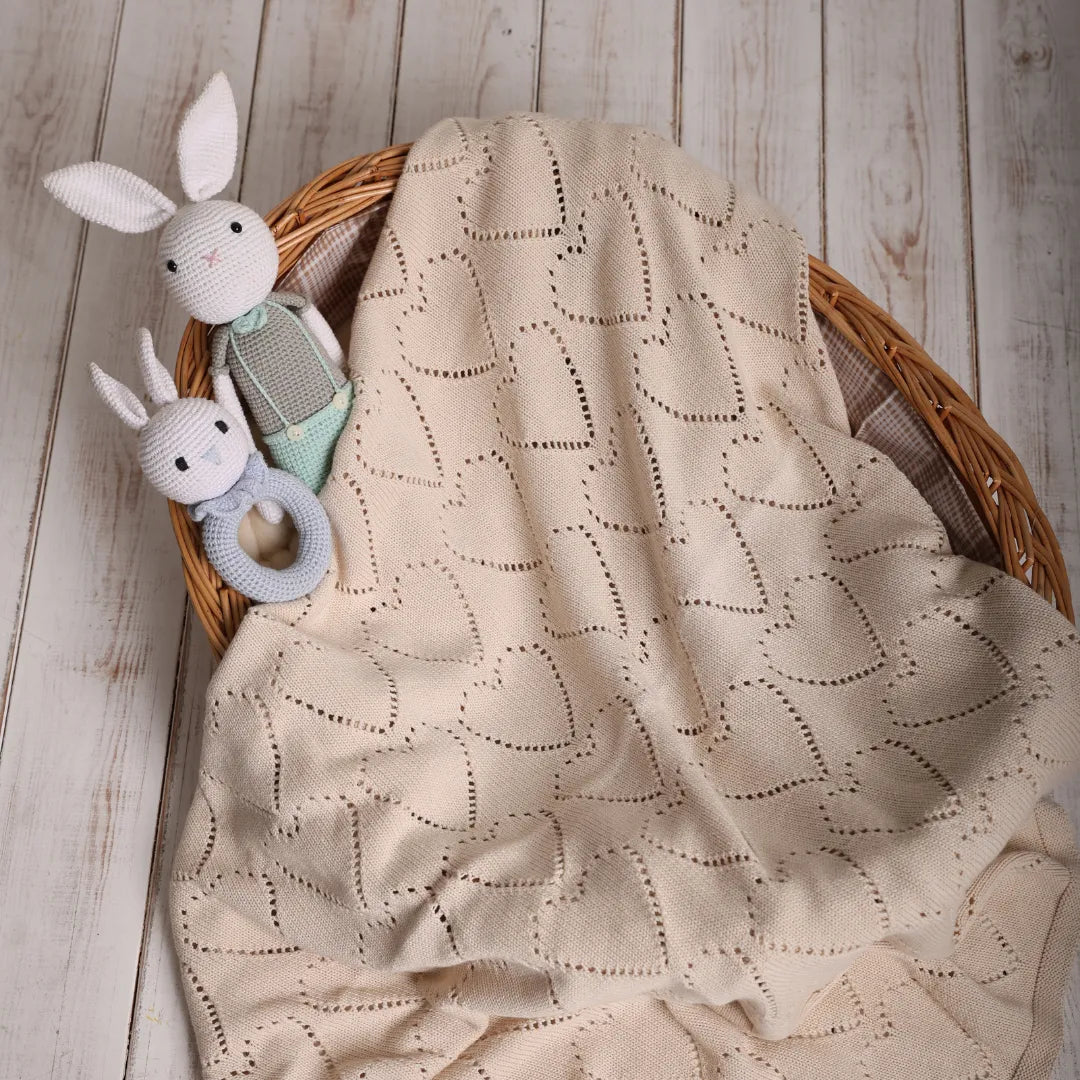 %100 Organik Pamuk Hipoalerjenik Kalp Desenli Bebek Battaniyesi