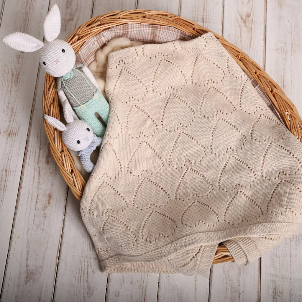 %100 Organik Pamuk Hipoalerjenik Kalp Desenli Bebek Battaniyesi