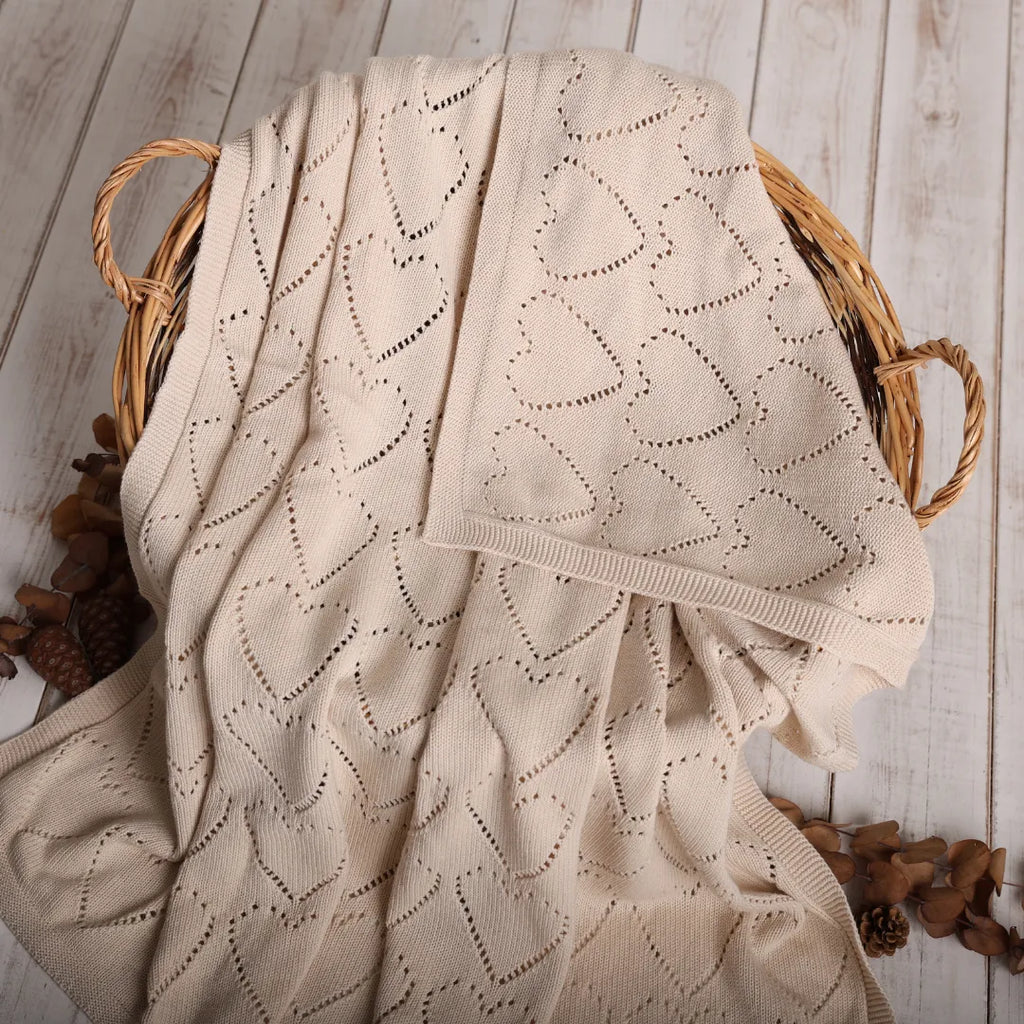 %100 Organik Pamuk Hipoalerjenik Kalp Desenli Bebek Battaniyesi